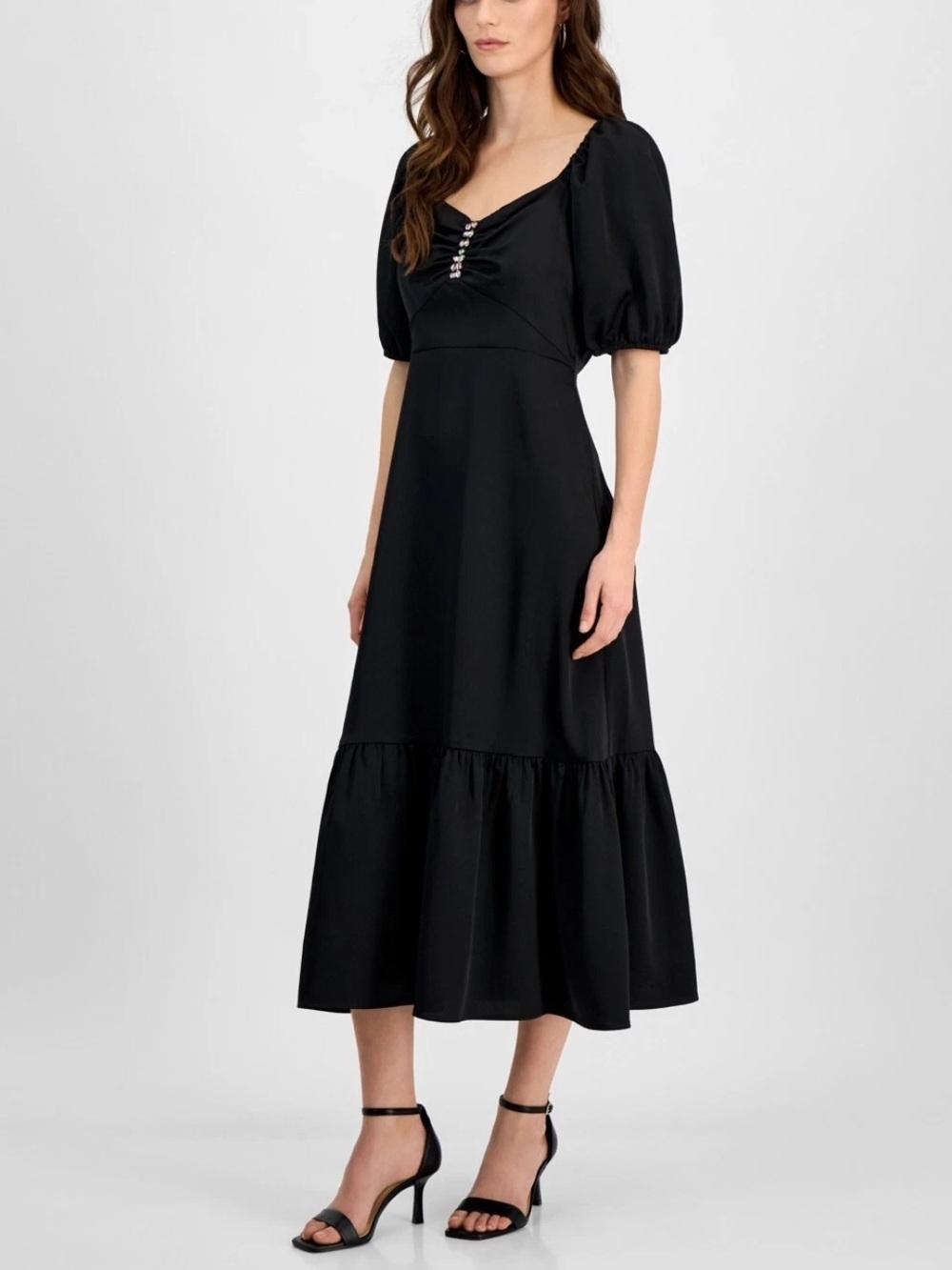 Anne Klein Black Midi Dress with Puff Sleeves